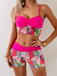 Leopard Print Floral Tankini Set Twist Front Cutout Ruffled Hem Swimwear - image 1