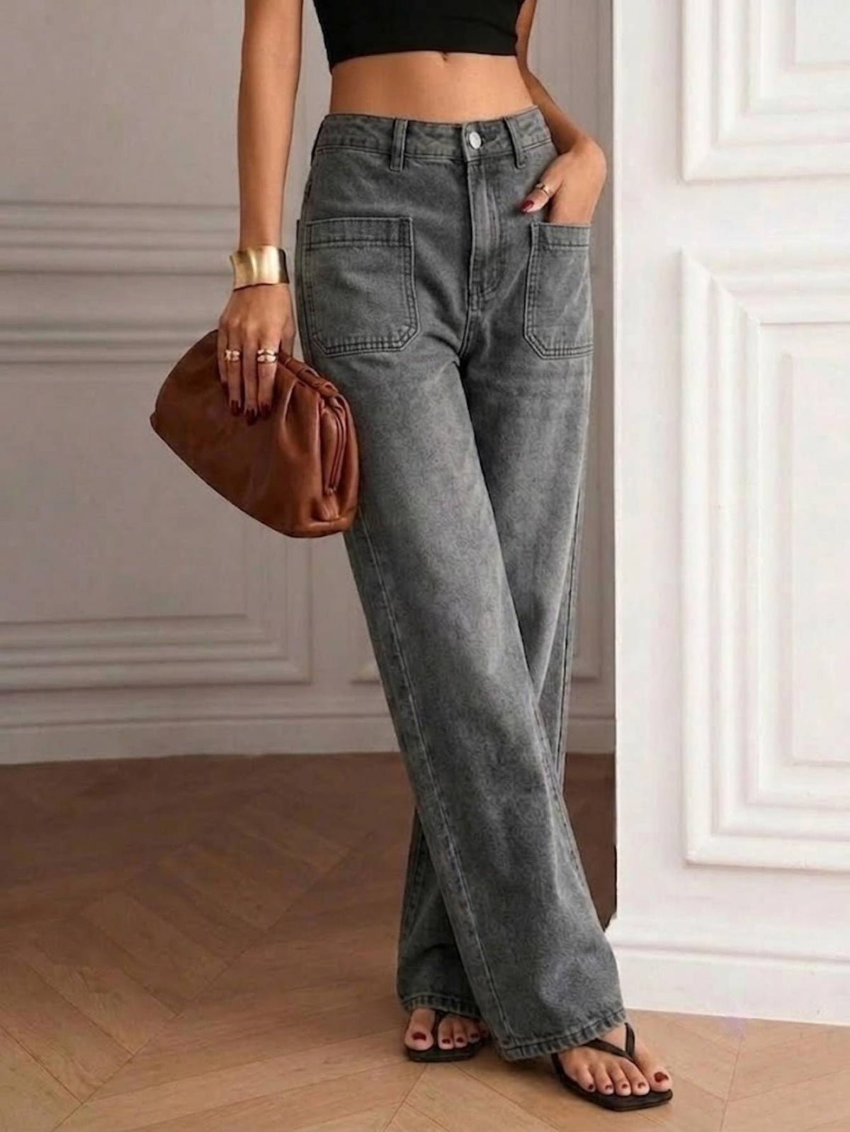 Gray High-Waist Patch Pocket Wide Leg Jeans - image 3