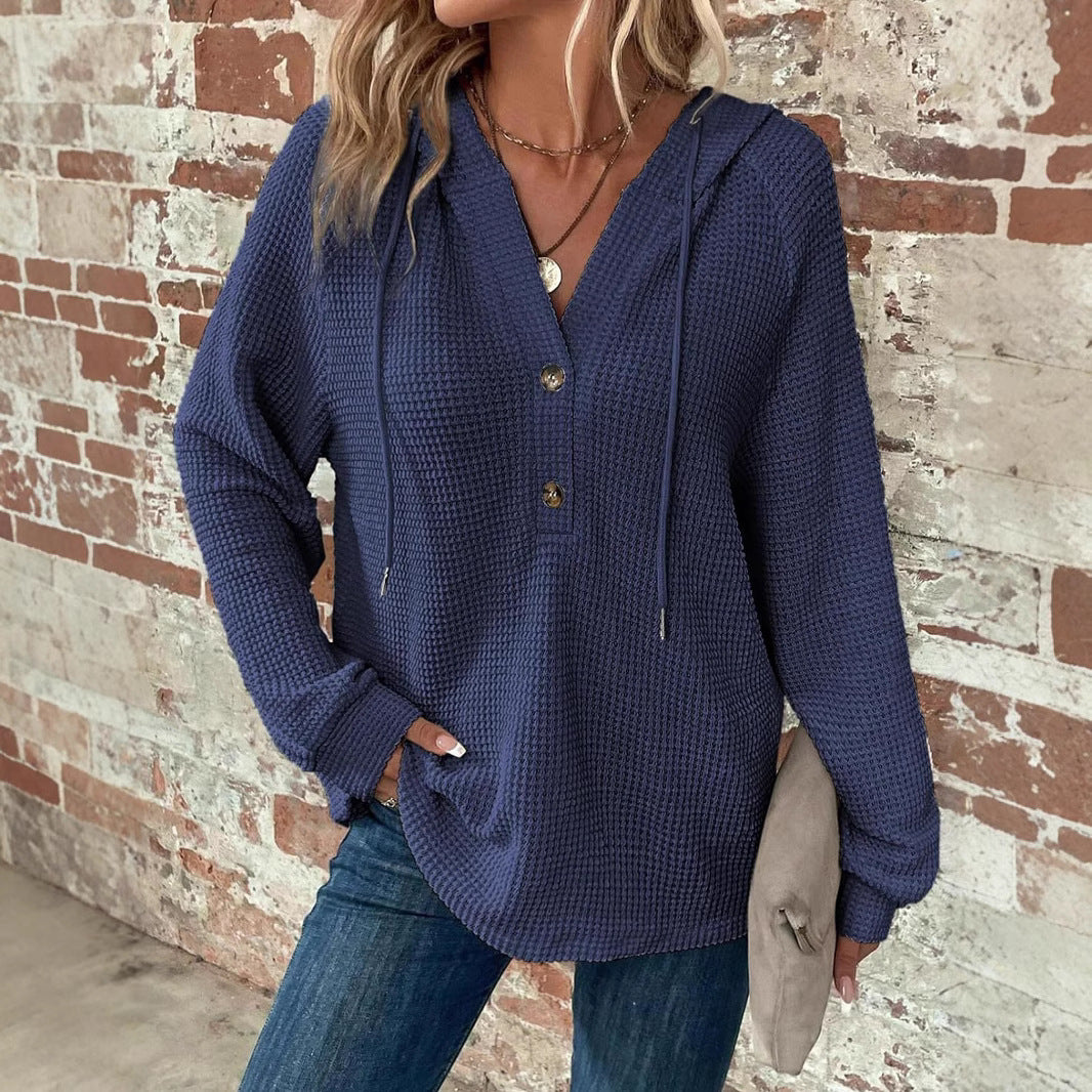 Waffle Hooded Sweater Sweatshirt Fashion Casual Long-sleeved Drawstring V-neck Buttons Top Women's Clothing - image 2