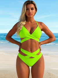 Neon Green Crisscross Wrap Bikini Set, V Neck Cut Out Two Piece Bathing Suit - image 1