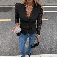 Lace Patchwork V-Neck Twill Coat - image 4