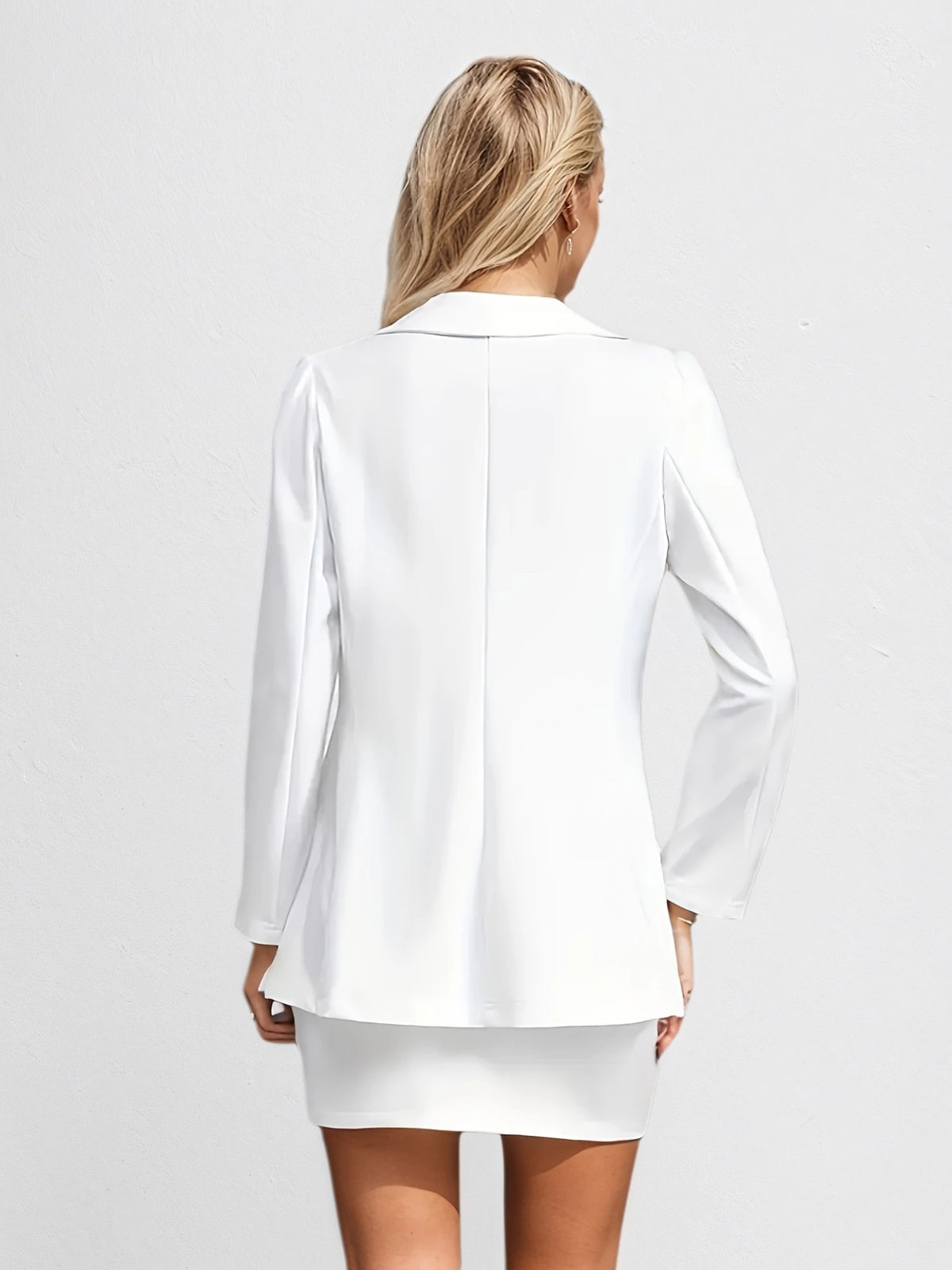 Pure White Long Sleeved Skirt Set, Lapel Suit Jacket&solid Color Skirt, Double Breasted Closure - image 3