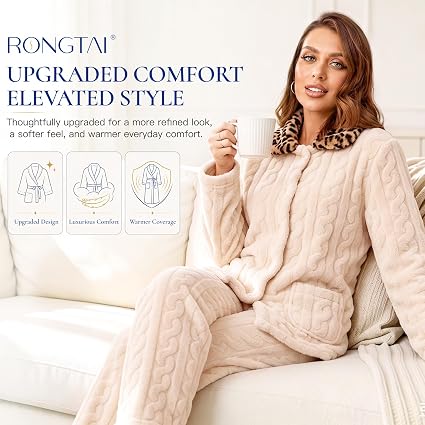 RONGTAI Leopard Button Down Pajama Set  Long Sleeve Plush Fleece PJs