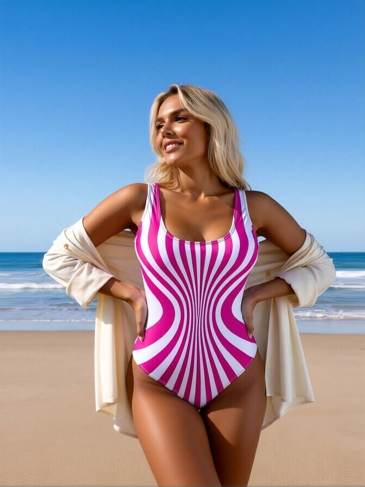 Pink & White Swirl Stripe Tummy Control One-Piece Swimsuit - image 2