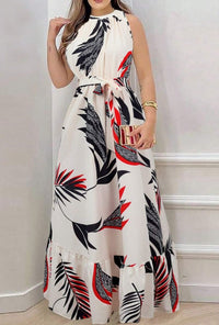 Women's Leaf Print Halter Neck Sleeveless Maxi Dress with Tie Waist - image 4
