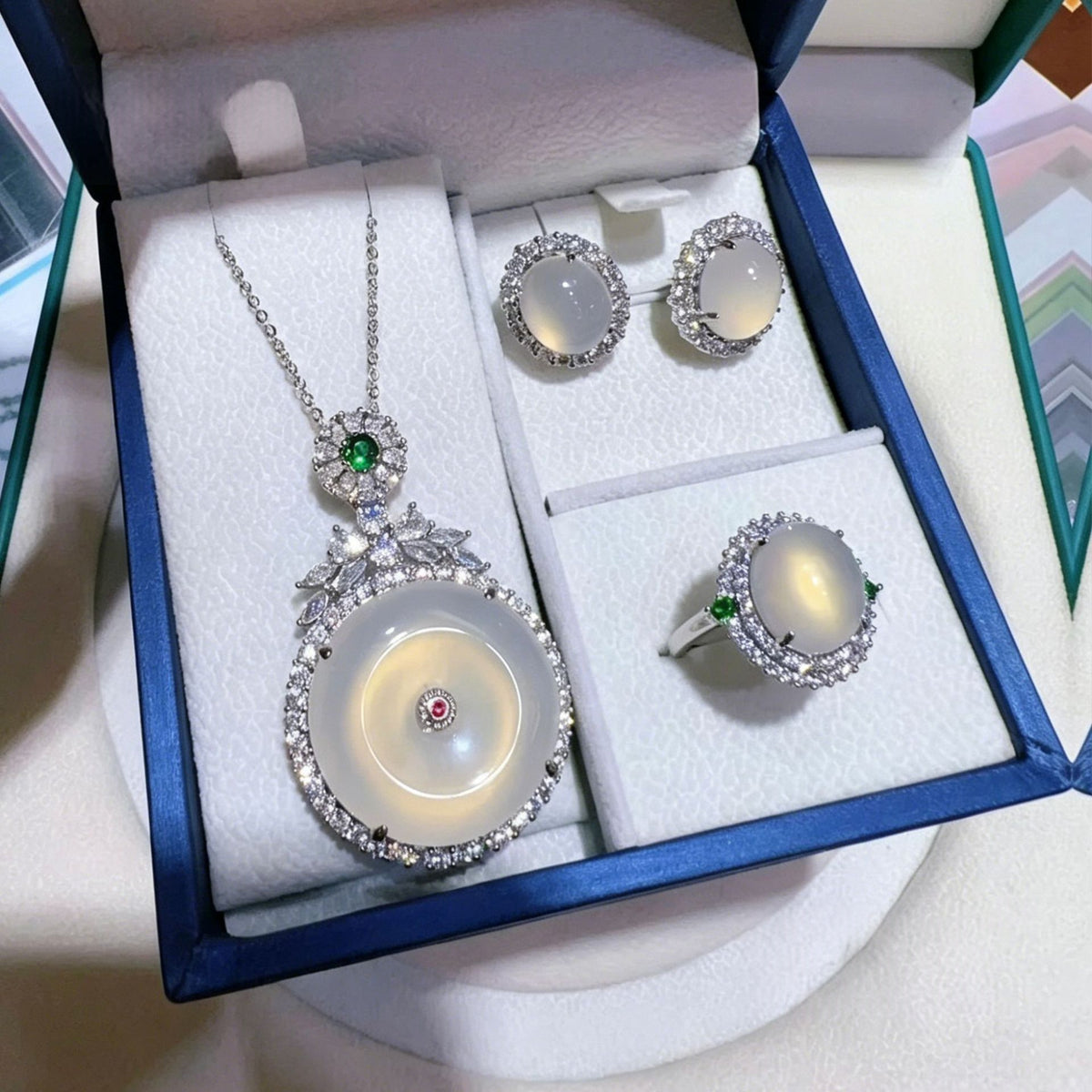 Silver Plated Green Chalcedony Teardrop Jewelry Set - image 3