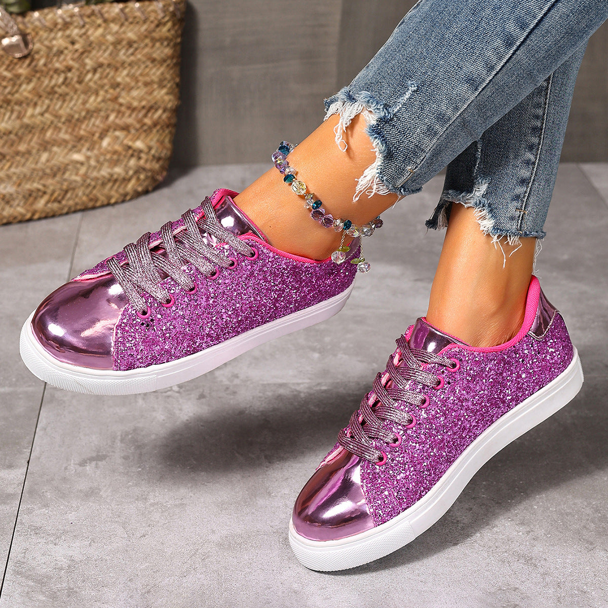 Plus Size Sequined Front Lace-up Solid Color Plus Size Board Shoes - image 3
