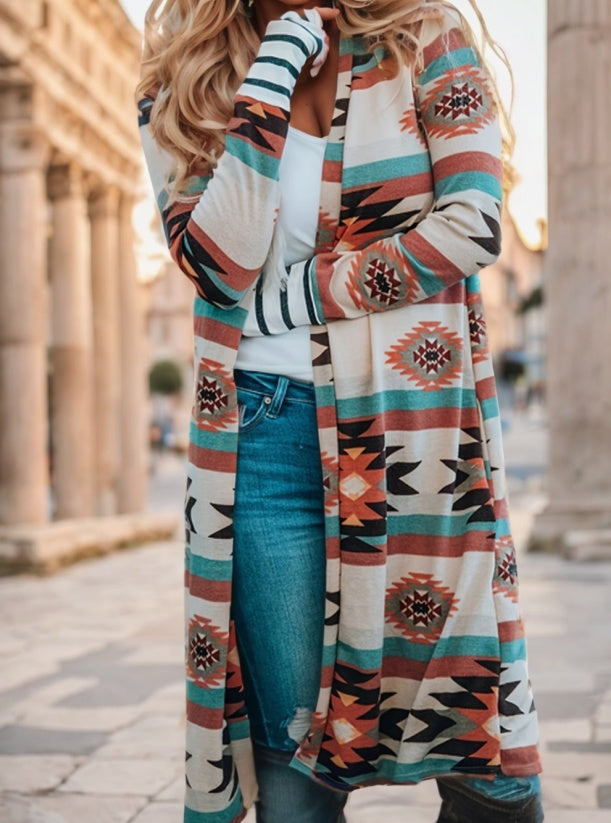 Women's Sweater - Multicolor Geometric Color Block Open Front Long Cardigan - image 2
