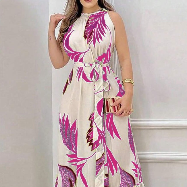 Women's Leaf Print Halter Neck Sleeveless Maxi Dress with Tie Waist - image 2