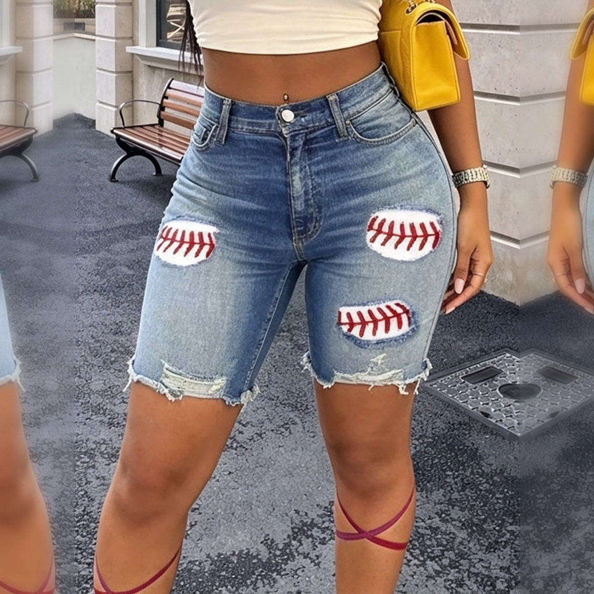Bermuda de mezclilla de tiro alto con parches de béisbol - image 4