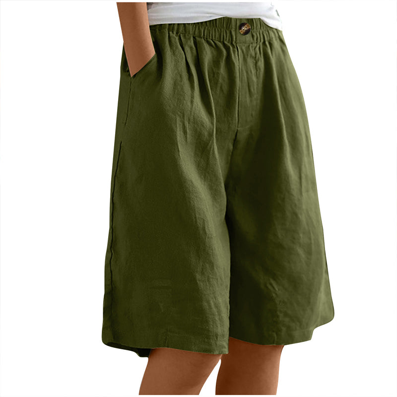 Women's Casual High Waist Loose Fit Solid Color Shorts - Button & Elastic Waist With Pockets