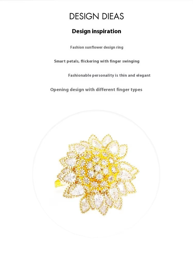 Adjustable Open Gold Flower Ring with Cubic Zirconia & Enamel - image 3