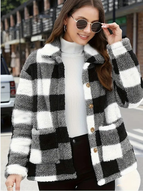 Women's Buffalo Plaid Fuzzy Jacket, Lapel Button Front Coat with Pockets - image 3