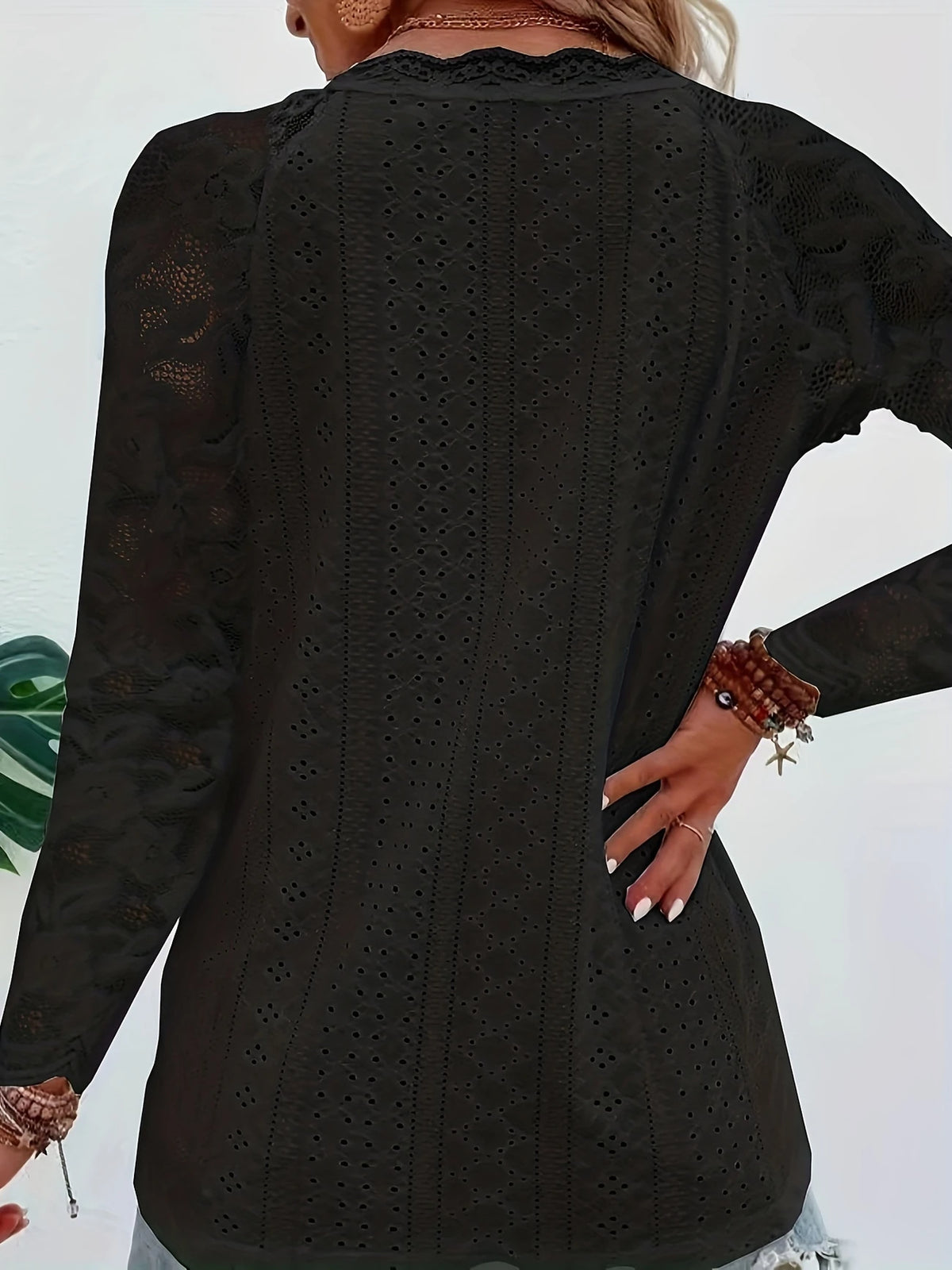 Contrast Lace V-neck Eyelet T-Shirt - image 4