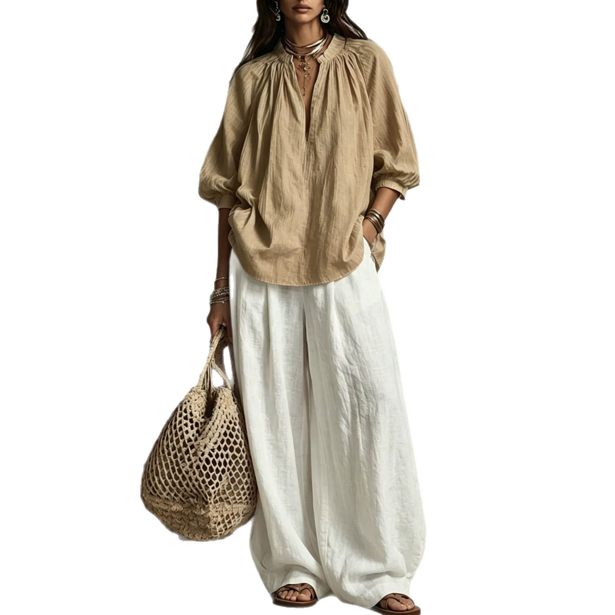 Cotton Linen Puff Sleeve Shirt and Wide Leg Pants Set - image 5