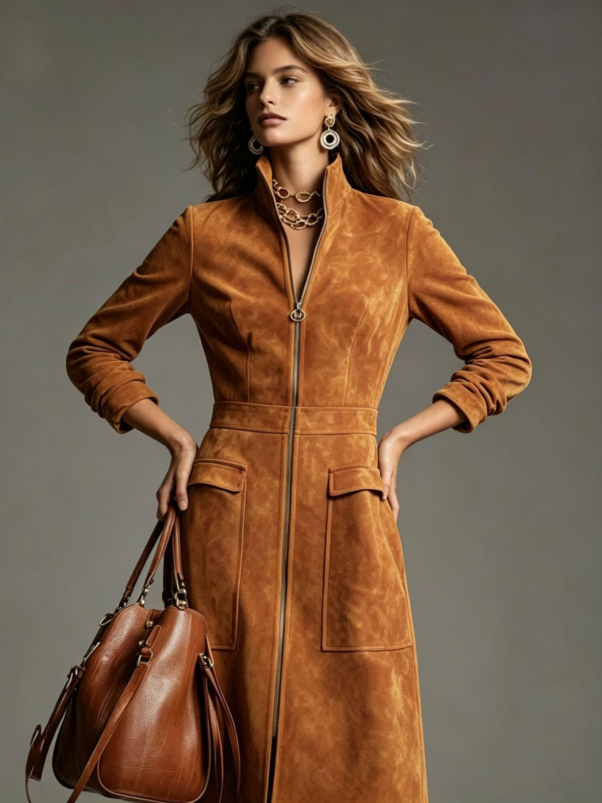 Stand Collar Zip Faux Suede Long Dress - image 8
