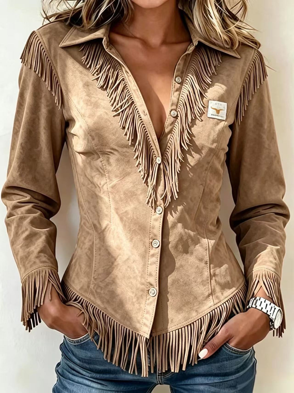 Western Cowboy-Style Suede Fringe Slim-Fit Long-Sleeve Shirt - image 10