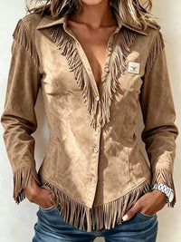 Western Cowboy-Style Suede Fringe Slim-Fit Long-Sleeve Shirt - image 10