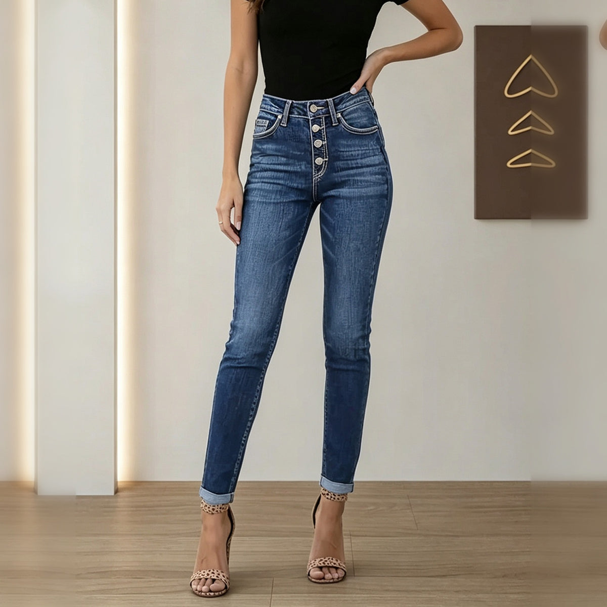 Medium Wash High-Waist Multi-Button Skinny Jeans - image 5