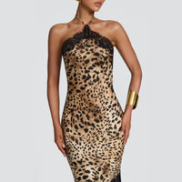 Retro Leopard Print Lace Trim Halter Dress - image 4