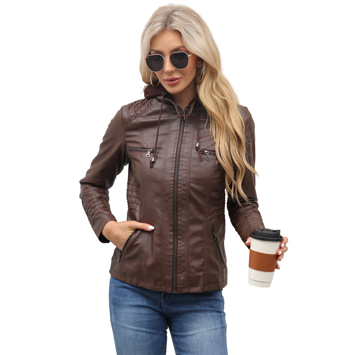 Women's Slim Fit Hooded Faux Leather Jacket - image 6
