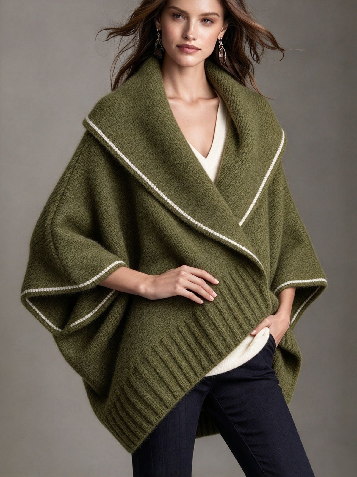 Knit Cape Shawl Coat with Contrast Trim - image 11