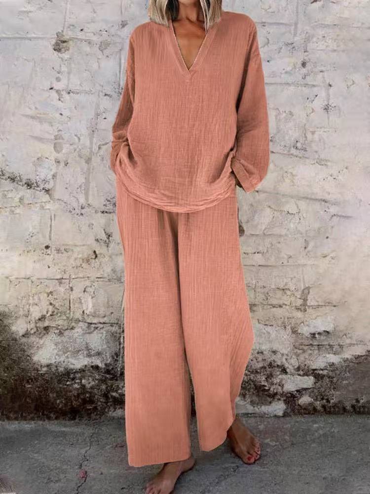 Women's Solid Color Casual V-neck Pullover Long Sleeve Trousers Suit - image 9