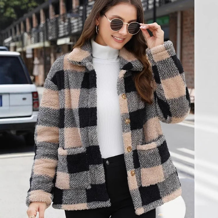 Women's Buffalo Plaid Fuzzy Jacket, Lapel Button Front Coat with Pockets - image 8
