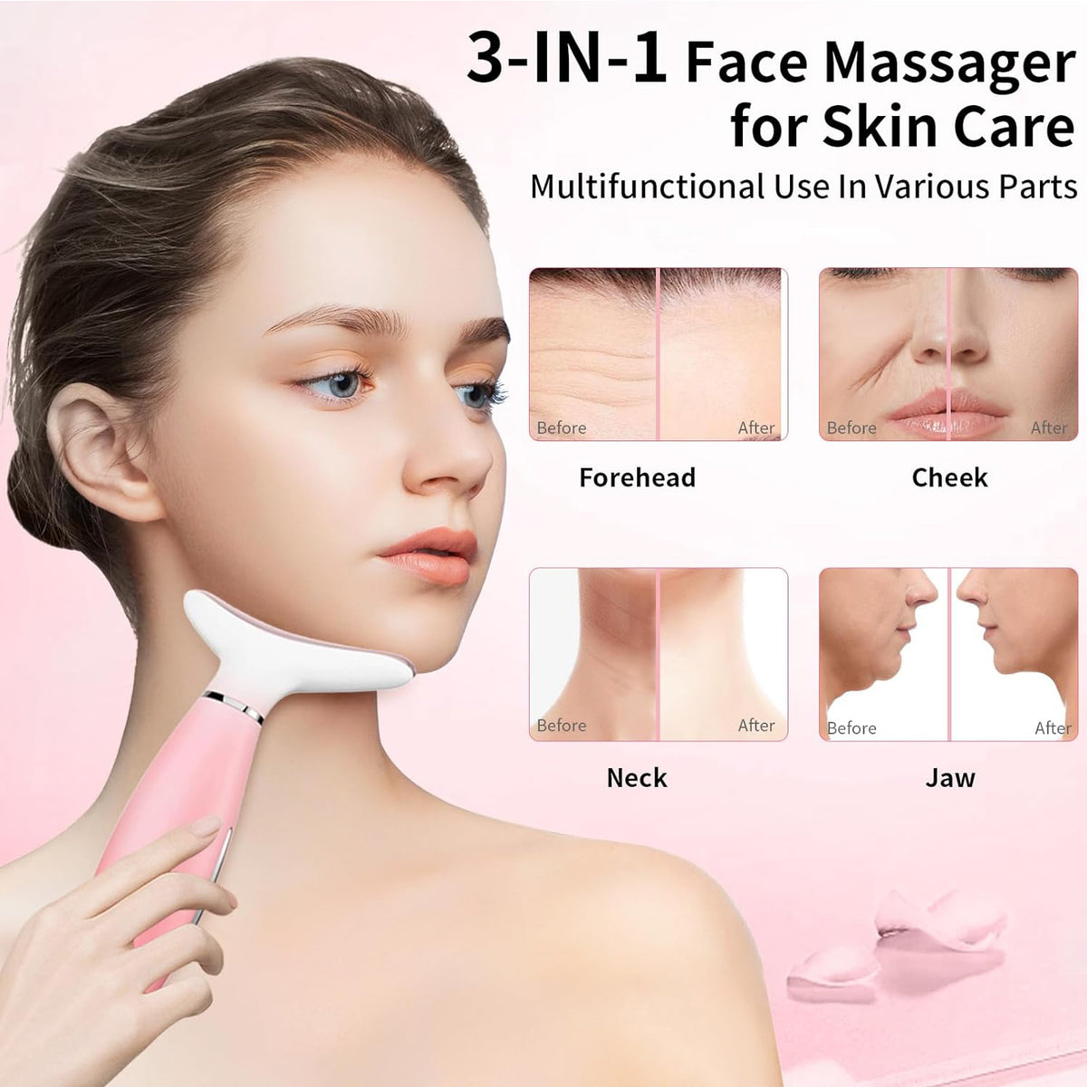 Masajeador facial y de cuello 3 en 1 con calor y vibración, rosa - image 6