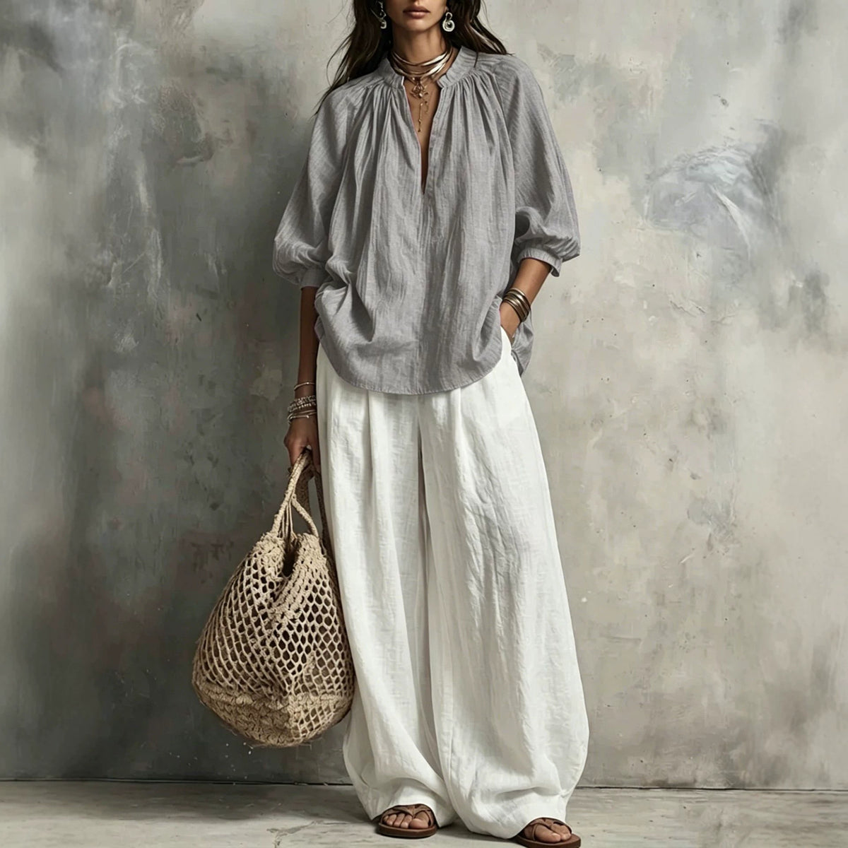 Cotton Linen Puff Sleeve Shirt and Wide Leg Pants Set - image 4