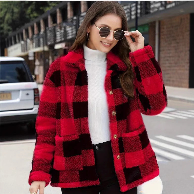 Women's Buffalo Plaid Fuzzy Jacket, Lapel Button Front Coat with Pockets - image 6