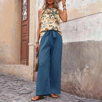 Women's 2 Piece Outfits Summer Casual Sleeveless Halter Neck Crop Tops Wide Leg Pants Set - image 12