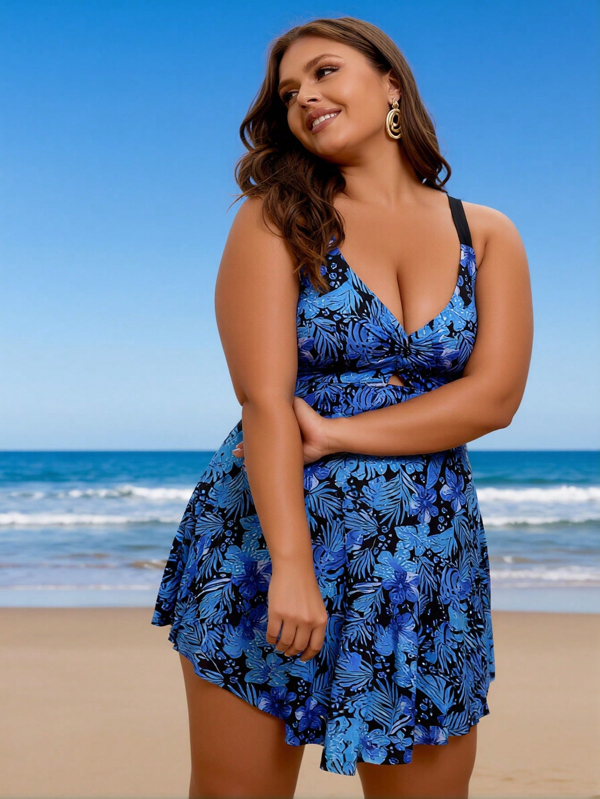 Plus Size Women's Sexy Fashion Blue-Black Botanical Print Twist One-Piece Swimdress For Vacation & Leisure - image 3