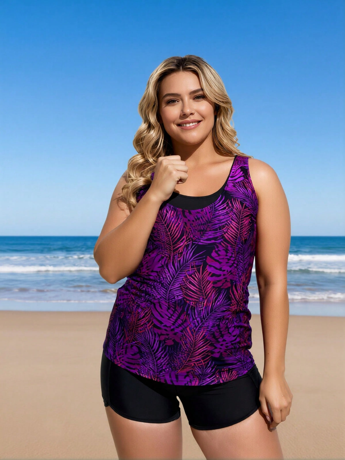 Women's Plus Size Purple Botanical Tankini with Boyleg Shorts - image 2