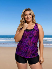 Women's Plus Size Purple Botanical Tankini with Boyleg Shorts - image 2