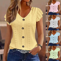 Solid Color Jacquard V-neck Buttons Long Sleeve T-shirt - image 1
