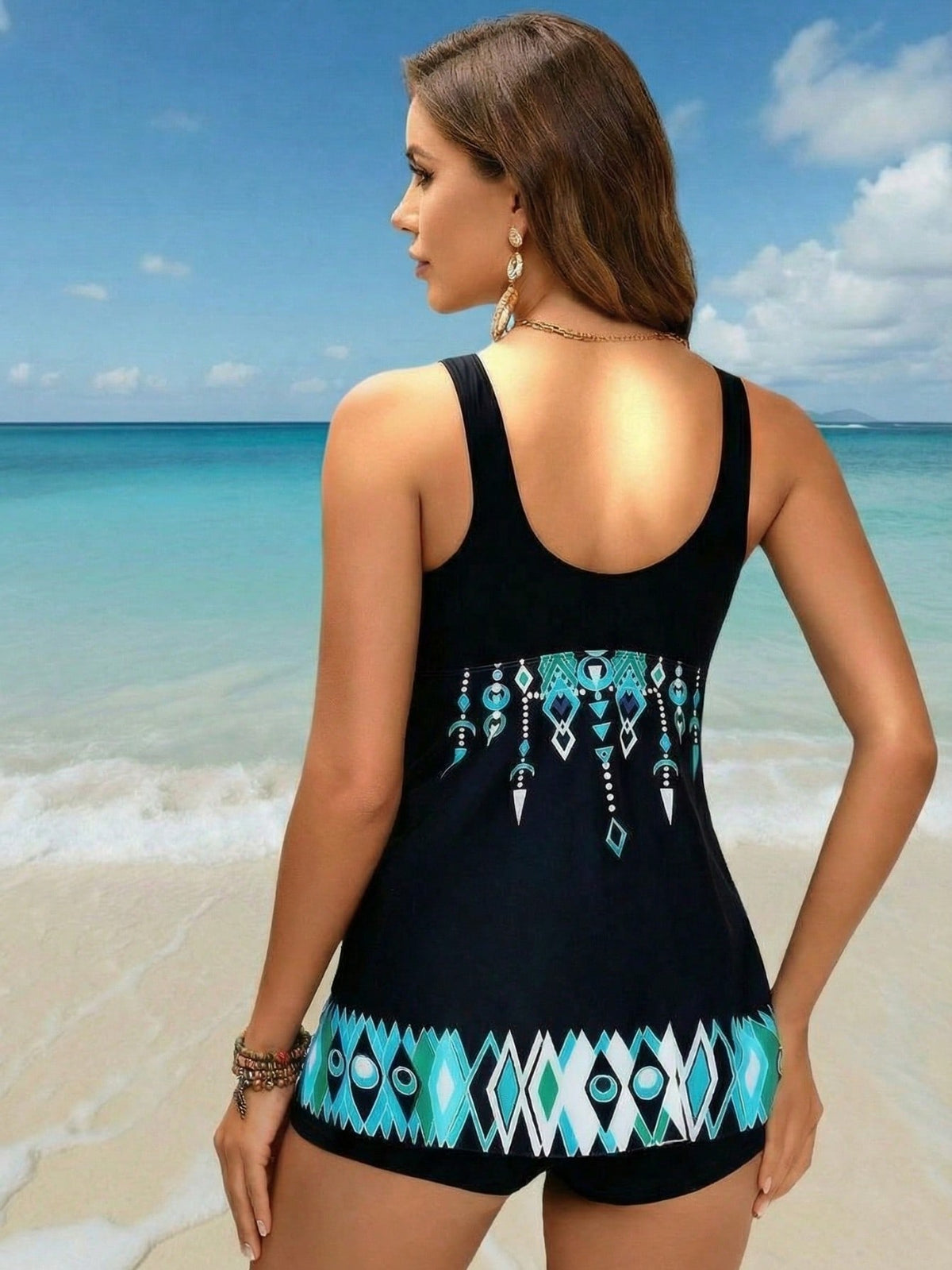 Ethnic Geometric Print Swimdress, V-Neck Sleeveless & Built-in Shorts, Tummy Control Modest Swimwear - image 5
