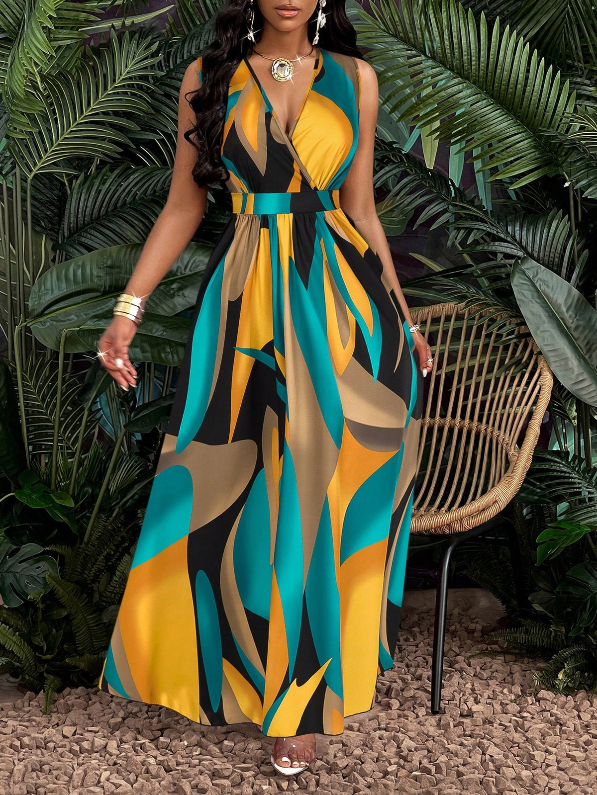 Women's Floral Print Deep V-Neck Sleeveless Wrap Maxi Dress with Cinched Waist - image 5