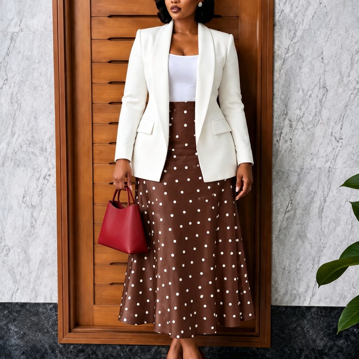 Blazer and Polka Dot Flared Midi Skirt Set - image 4
