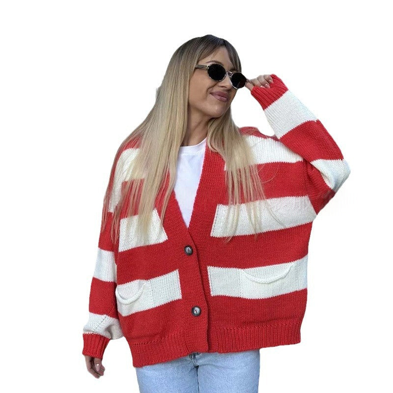 Women's V-Neck Striped Sweater Coat - image 5