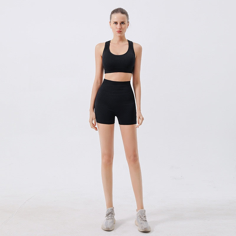 Women's 2 Piece Seamless Ribbed Workout Set, Racerback Sports Bra and High Waist Biker Shorts - image 7