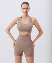 Women's 2 Piece Seamless Ribbed Workout Set, Racerback Sports Bra and High Waist Biker Shorts - image 1