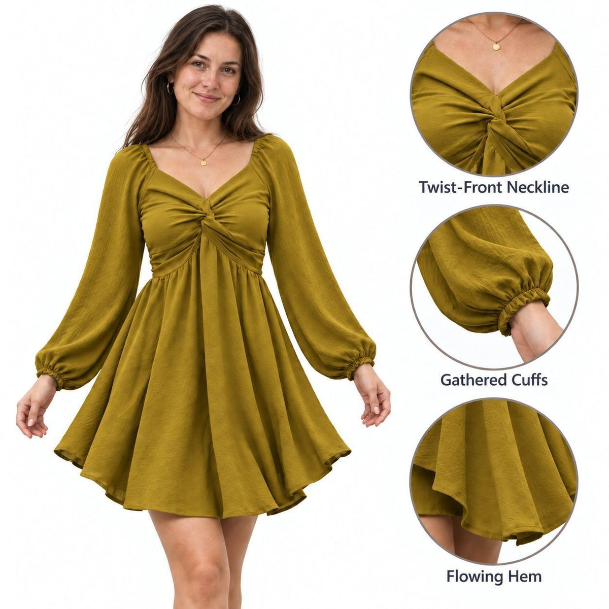 Women's V-Neck Twist Front Long Sleeve Dress - image 11