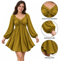 Women's V-Neck Twist Front Long Sleeve Dress - image 11