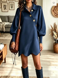 Lantern Sleeve Lapel Dress with Wavy Hem - image 4