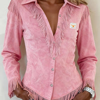 Western Cowboy-Style Suede Fringe Slim-Fit Long-Sleeve Shirt - image 2