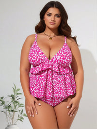 Women's Plus Size Tankini Set: Hot Pink Ditsy Floral Print Ruffled Top + Matching Bottom - image 4