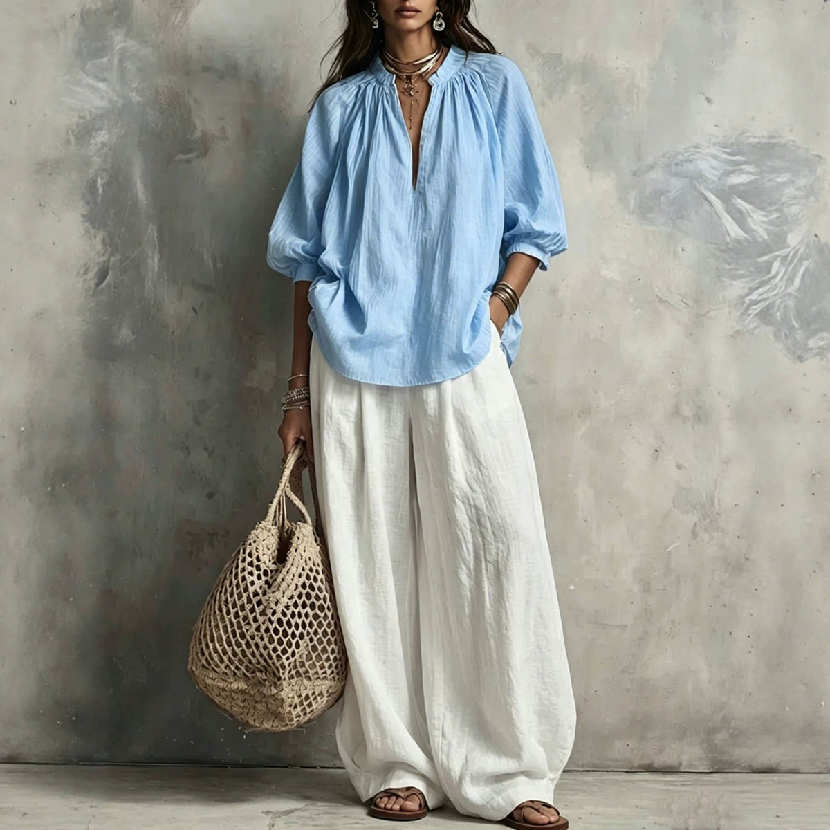 Cotton Linen Puff Sleeve Shirt and Wide Leg Pants Set - image 3