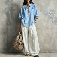 Cotton Linen Puff Sleeve Shirt and Wide Leg Pants Set - image 3