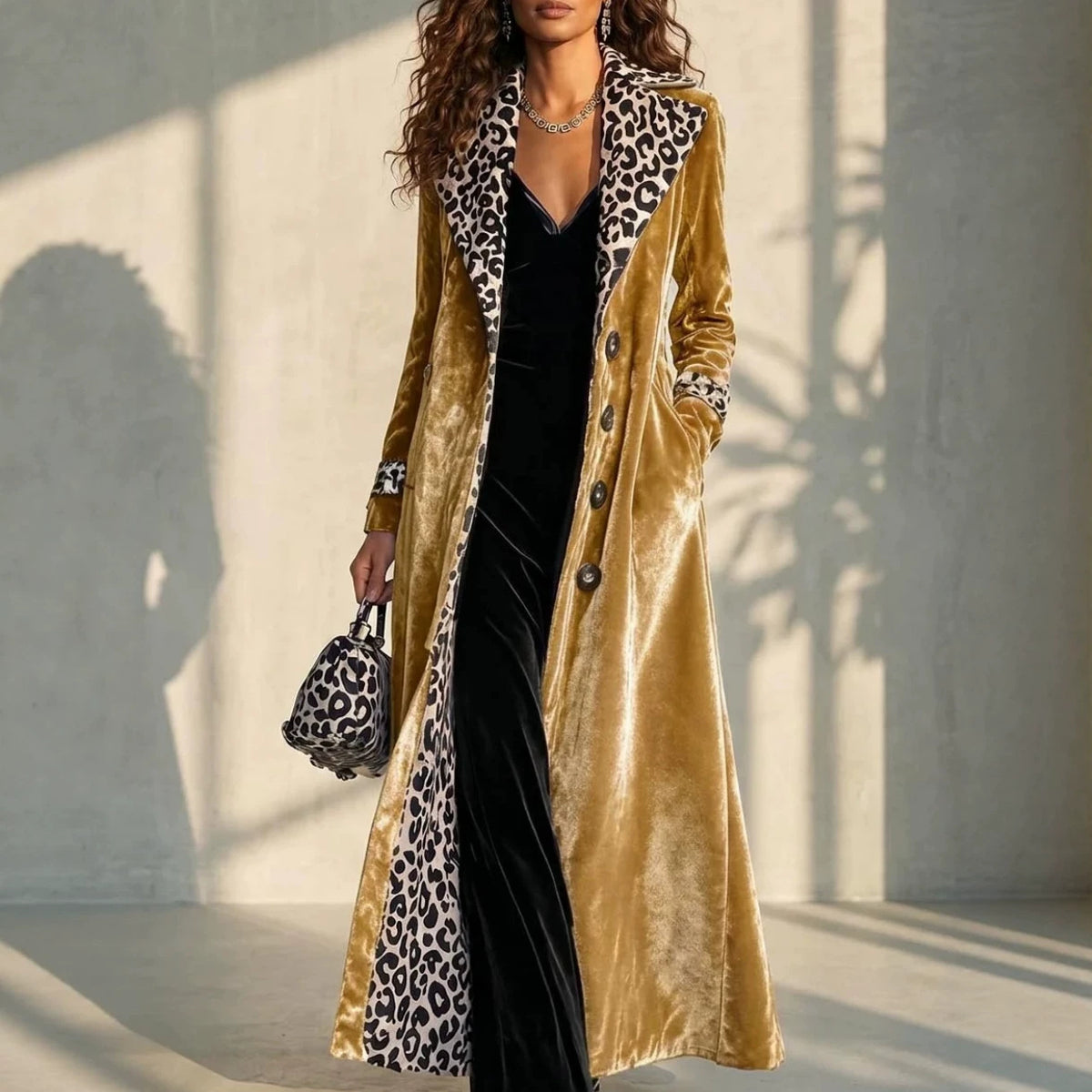 Retro Leopard Print Color Block Trench Coat - image 2